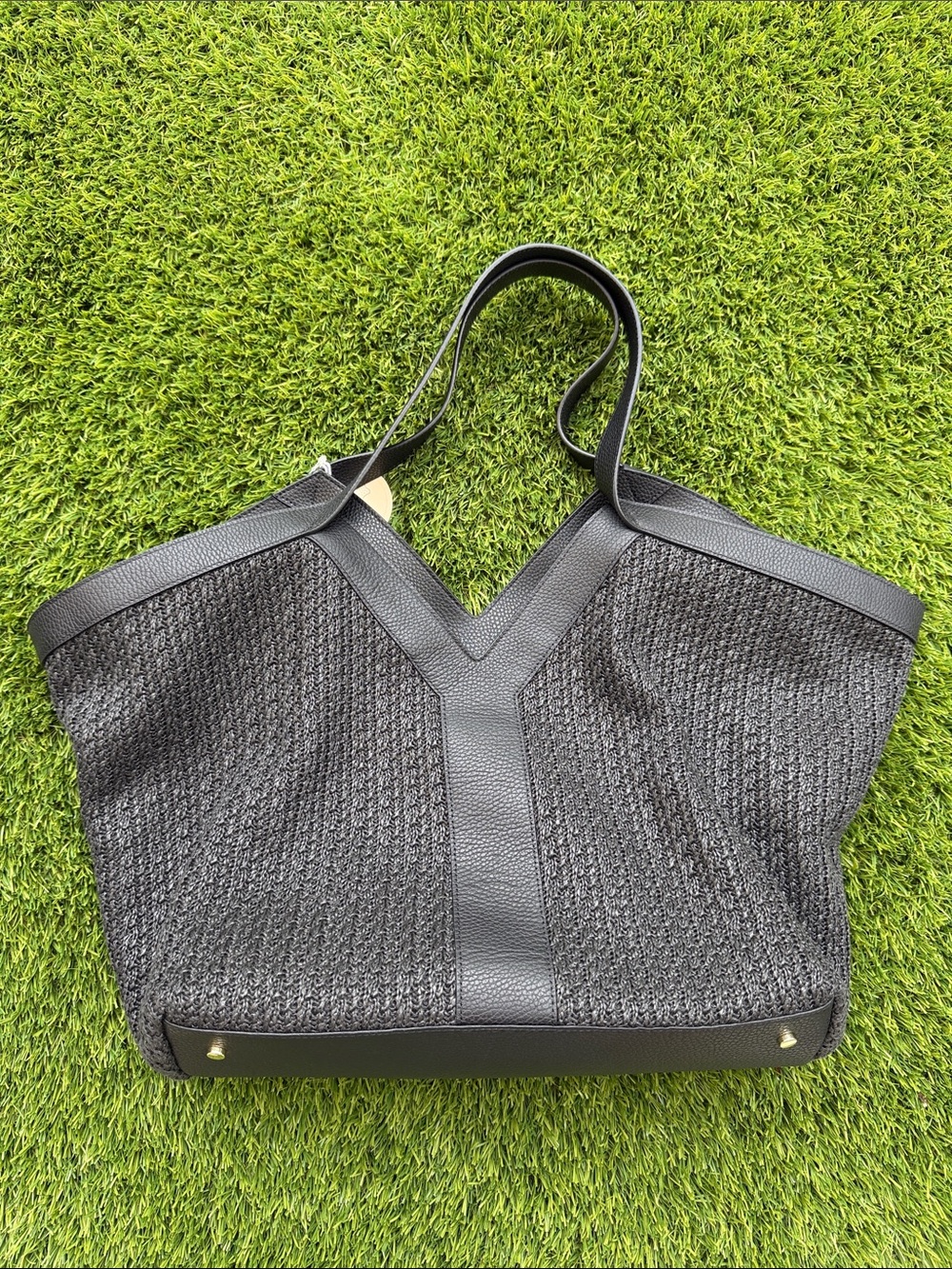 Viola Castellani Milano Woven Textured Black Tote Bag with Leather Trim